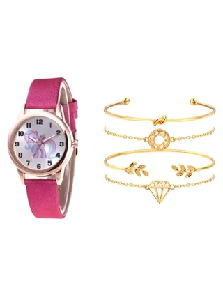 women 5-Piece Round Dial Analog Watch And Bracelet Set 2249 