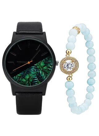 women 2 Pcs Pointer Patchwork Flower Pattern Round Dial Trendy Watch With Bracelet 