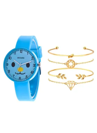 women 5-Piece Dog Pattern Analog Watch And Bracelet Set 2230 