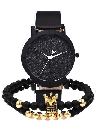 women 3-Piece Round Dial Analog Watch With Beaded Bracelet Set 173 