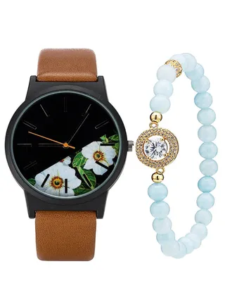 Women's 2 Pcs Pointer Patchwork Flower Pattern Round Dial Trendy Watch With Bracelet 