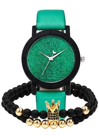 women 3-Piece Round Dial Analog Watch With Beaded Bracelet Set 171 