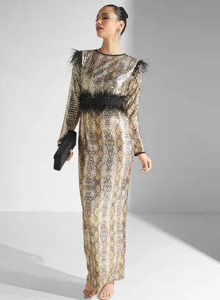 Sequin Detail Belted Dress 