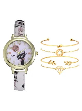 women 5-Piece Fashion Analog Watch And Bracelet Set NSSB037002233 