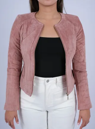 Women’s Zip Closer Double Pockets Biker Jacket in Rose Pink 