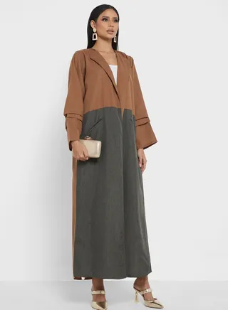 Colorblock Trench Styled Abaya With Sheila 