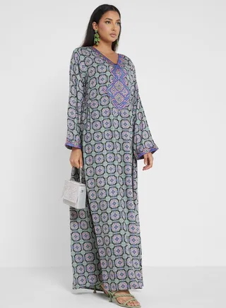 Printed V-Neck Jalabiya