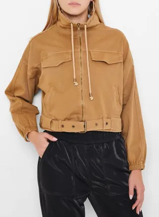 Pocket Detailed Denim Jacket Brown 