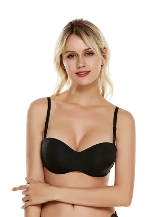 Women's Underwire Strapless Convertible Padded Push Up Seamless Multiway Bra Black 