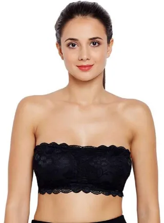 GLAMROOT Women’s/Girl’s Fashionable Lace Tube Strapless Padded Seamless Hook Closure Bra, Black 
