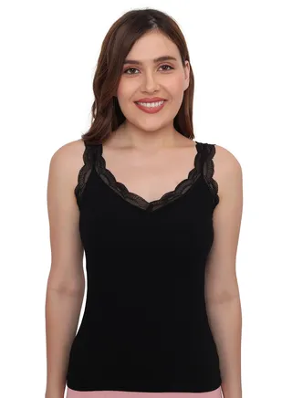 Women's Padded Seamless Lace Trim Camisole/Inner, Removable Pads, Black 