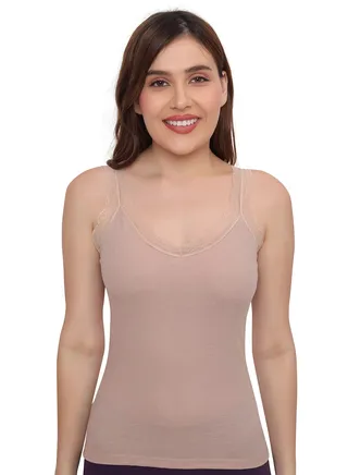 Women's Padded Seamless Lace Trim Camisole/Inner, Removable Pads, Beige 