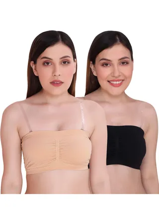 Women's Padded Seamless Strapless Multi Way Tube Bra with Back Hook & Removable Pads Black & Beige 