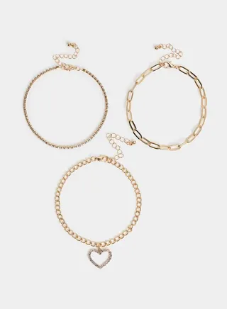 Set Of 3 - Heart Drop Anklets