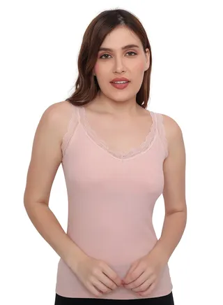 Women's Padded Seamless Lace Trim Camisole/Inner, Removable Pads, Pink 