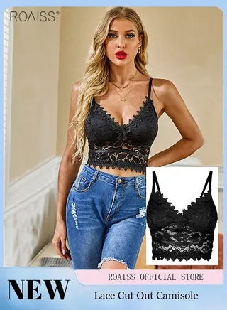 Women's Lace Bra Vest Removable Sponge Pad No Steel Ring Bra V Neck Vest Basic Short Vest 