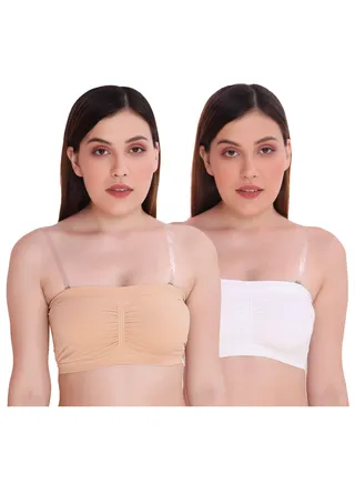 Women's Padded Seamless Strapless Multi-Way Tube Bra with Back Hook & Removable Pads (Pack Of 2), Beige/White 