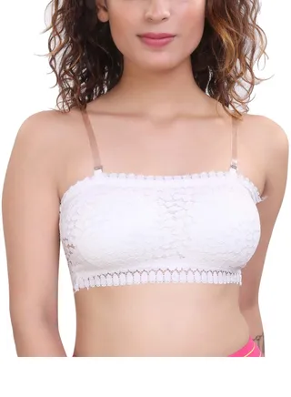 Women's Padded Seamless Floral Lace Tube Strapless Bra with Removable soft cups, White 