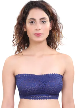 Women's Padded Seamless Floral Lace Tube Strapless Bra with Removable soft cups, Blue 