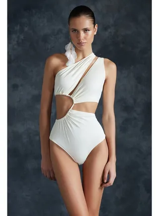 Ecru One-Shoulder Tunnel Swimsuit TBESS23MA00206 