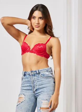 Lace Push Up Bra Hook-and-eye Closure Red 