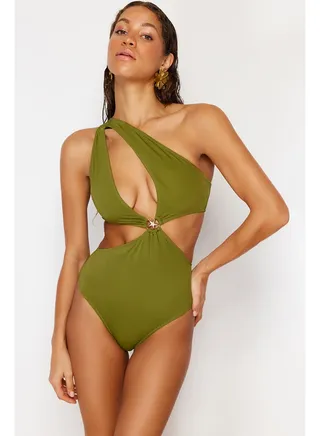Khaki One-Shoulder Accessory Swimsuit TBESS24MY00008 