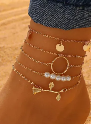Set of 5- Pearl Detail Assorted Anklet