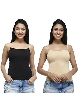Women's Padded Cotton Adjustable Camisole With Built-in Shelf Bra (Pack of 2) Black/Beige 