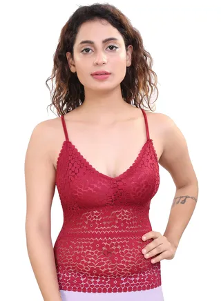 Women's Spaghetti Strap Floral Lace Padded Camisole, Removable Pads, Red 