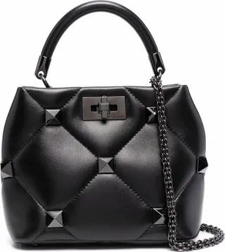 Black Roman Stud Small Leather Top Handle Bag
