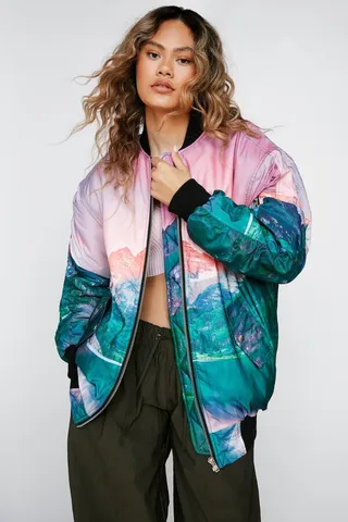 Nasty Gal Womens Landscape Print Oversized Bomber Jacket