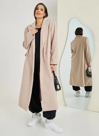 Oversized Midi Length Double Breasted Wool Like Coat 