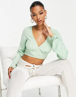 NA-KD X Ida Zeile deep v blouse in green - part of a set