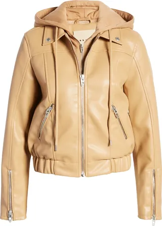 Faux Leather Bomber Jacket with Removable Hood