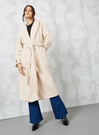 Oversized Wool Like Midi Coat with Sleeve Tab