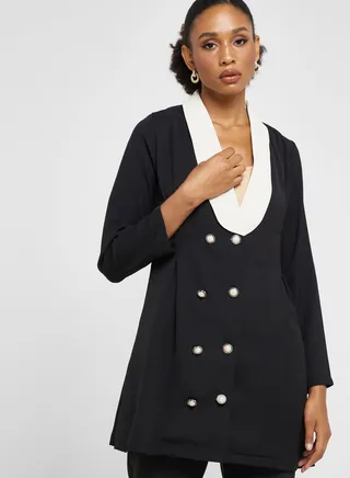 Longline Coat With Contrast Lapel 