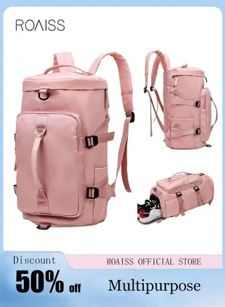 Multipurpose Gym Duffel Bag Sports Backpack Portable Waterproof Luggage Handbag Wet and Dry Separation Shoes Compartment Crossbody Bag for Women Yoga Travel Pink 