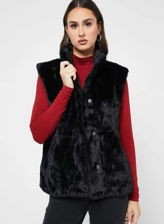High Neck Fur Vest Coat 