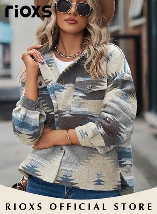 Women's Vintage Geometric Print Pattern Jacket Loose Button Down Long Sleeve Woolen Plaid Shirt Coat 