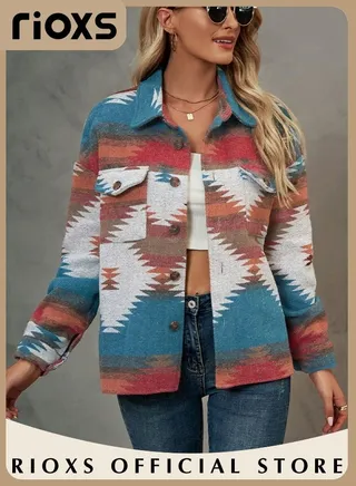 Women's Vintage Geometric Print Pattern Jacket Loose Button Down Long Sleeve Woolen Plaid Shirt Coat 