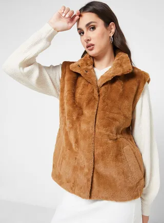 High Neck Fur Vest Coat 
