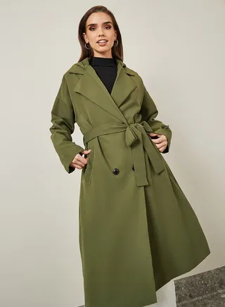 Double Breasted Midi Trench Coat With Hood