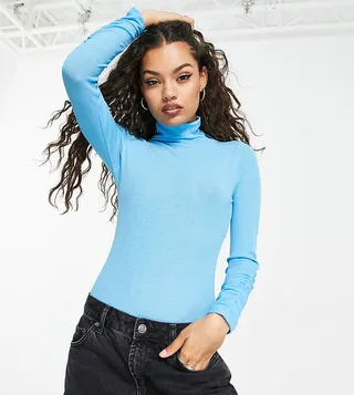 Miss Selfridge petite textured mesh roll neck bodysuit in blue