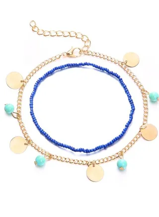 2-Piece Alloy Retro Style Beaded Anklet Chain 