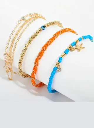 4-Piece Alloy Retro Style Beaded Anklet Chain 