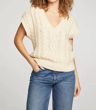 Cable Knit V-Neck Sweater Vest in Cream