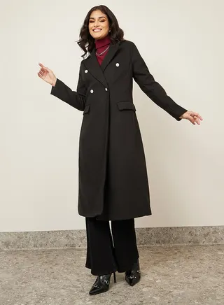 Regular Fit Wool Like Double Breasted Midi Dress Coat 