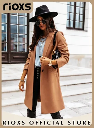 Women's Fall Winter Medium Length Trench Coat Double-Sided Wool Tweed Slim Coat Outdoor Windproof Coat 
