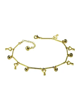 Copper Gold Plated Heart Key Jingle Bell Charm Anklet 