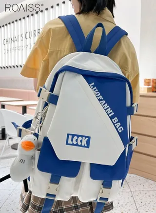 Casual Patchwork Color Contrast Duckling Pendant Backpack Fashion Versatile High Capacity School Bag Simple Multi Pocket Travel Student Computer Backpack 